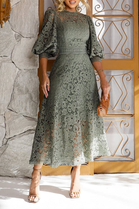 Robe Midi en Dentelle avec Manches Lanternes