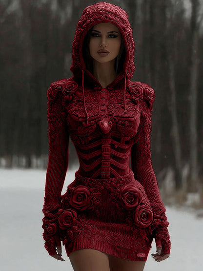 Pull à Capuche en Maille avec Patchwork en Rose Blanc et Crâne pour Femme