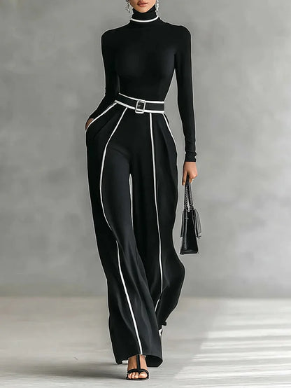 Ensemble Haut à Col Montant à Manches Longues avec Bord Blanc, Pantalons à Jambes Amples et Ceinture
