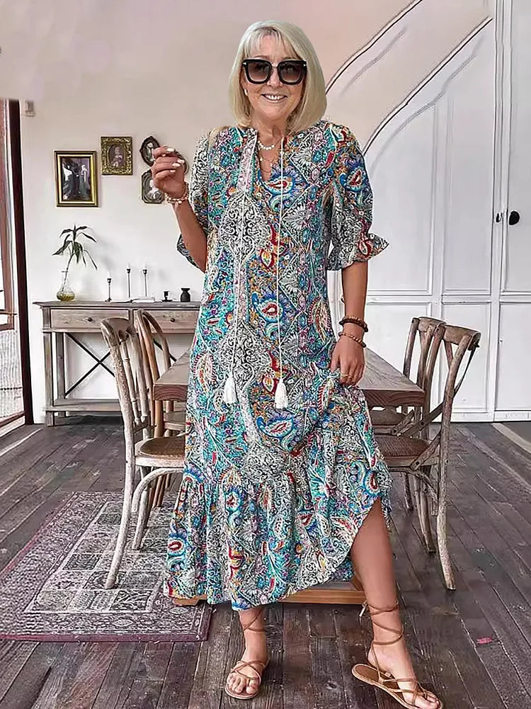 Carolette - Robe Maxi à Col avec Corde Boho