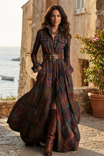 Robe Maxi à Carreaux Intemporelle - Élégance Rustique et Raffinée