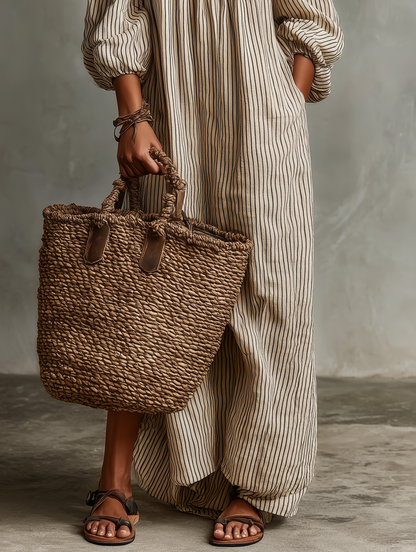 Robe Maxi en Coton-Lin Off-shoulder à Manches Longues pour Femmes