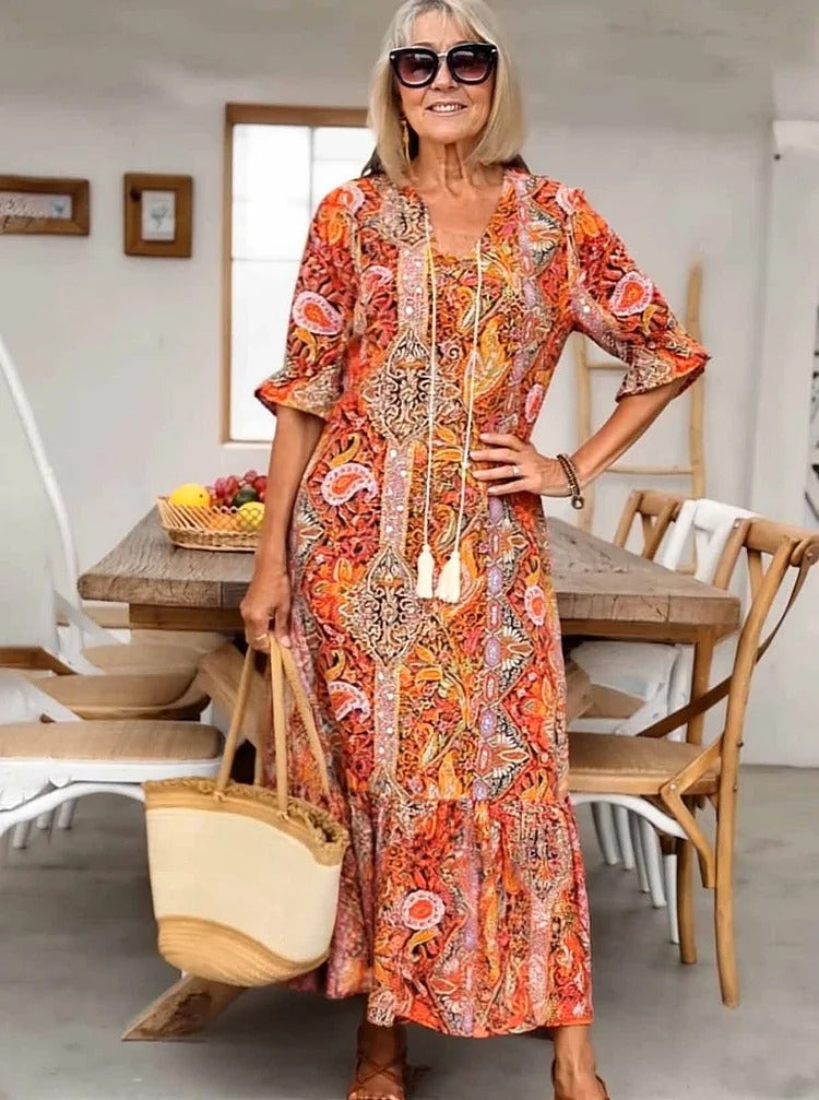Mevelyn - Robe Bohémienne en Paisley avec Franges