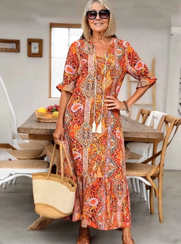 Carolette - Robe Maxi à Col avec Corde Boho