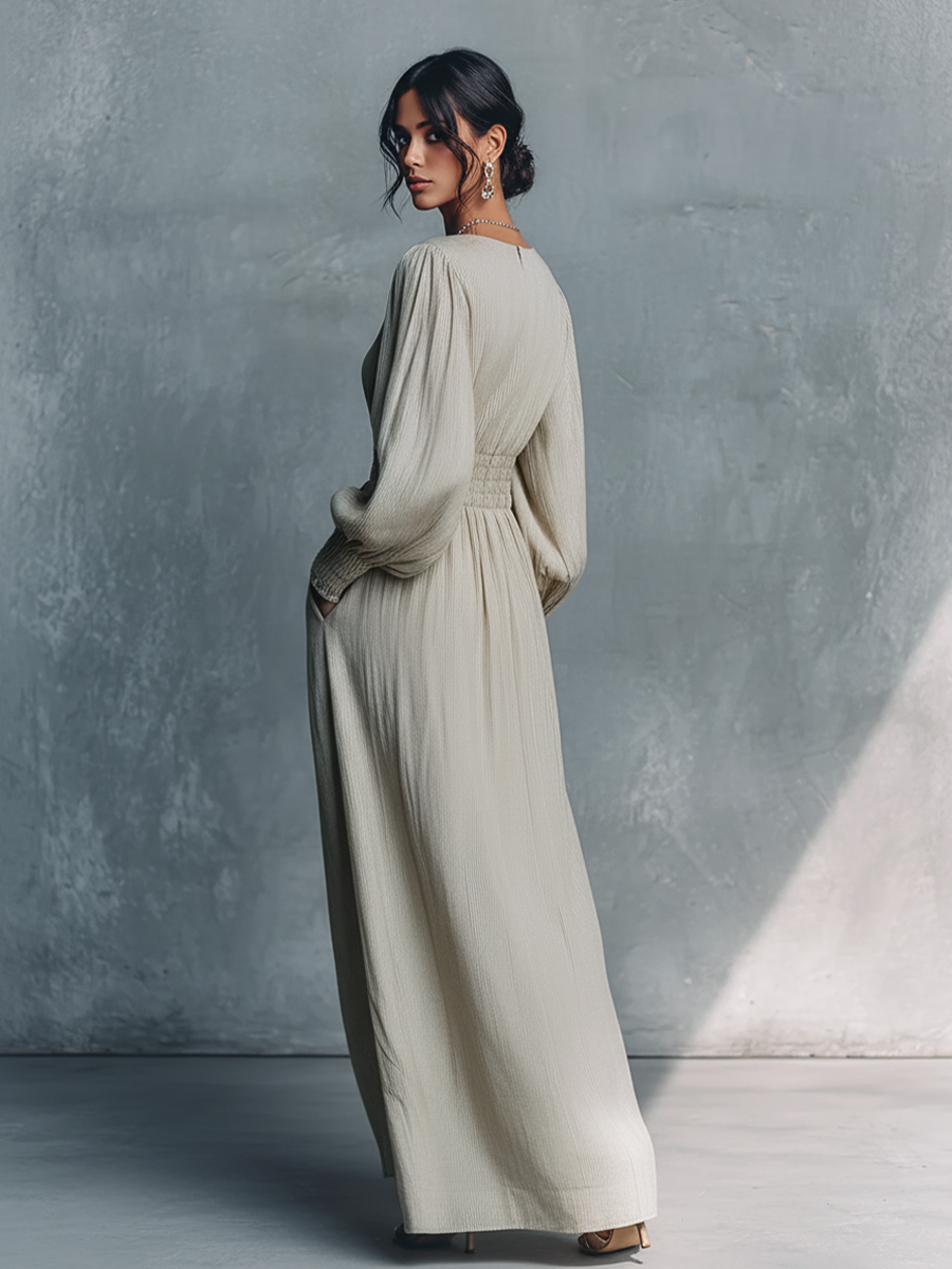 Robe Maxi Femme Beige en Coton Lin à Rayures avec Décolleté en V et Taille Froncée