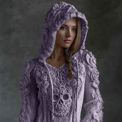 Pull Confortable en Tricot avec Capuche Tête de Mort Celte Viking Vintage avec Roses Blanches