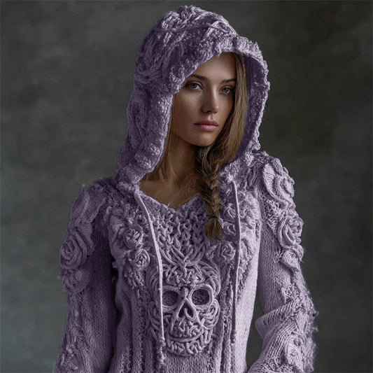 Pull Confortable en Tricot avec Capuche Tête de Mort Celte Viking Vintage avec Roses Blanches