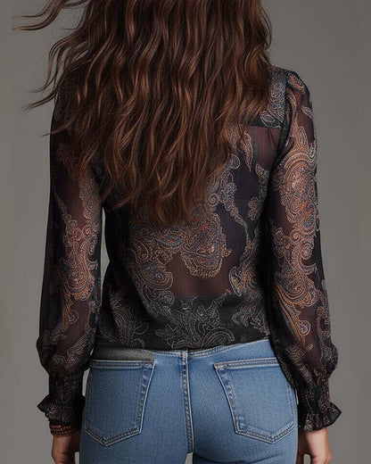 Blouse Rétro à Volants à Mi-Zip