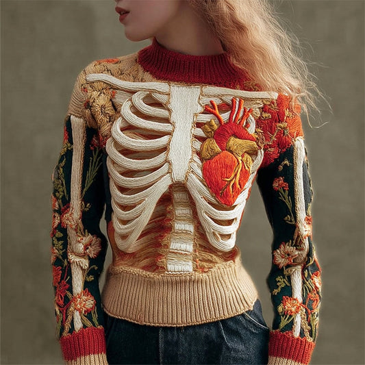 Pull Femme Col Rond 3D Squelette Humain et Art Floral