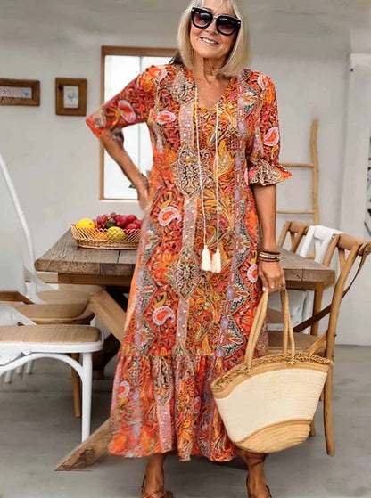 Carolette - Robe Maxi à Col avec Corde Boho