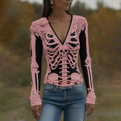 T-shirt décontracté à manches longues pour femmes avec art de squelette, roses et crâne, col en V pour Halloween