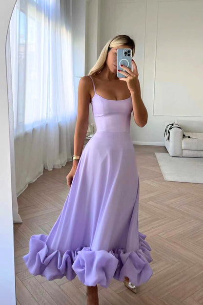 Robe Maxi Femme à Bretelles Spaghetti, Jupe Évasée et Ourlet Volanté
