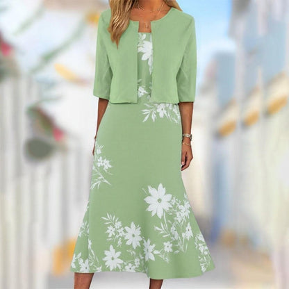 Robe Midi Unique avec Imprimé de Plantes Bleues et Veste