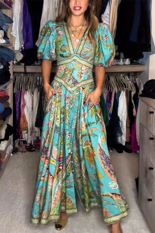 Amelia | Robe Maxi Aérée avec Manches Bouffantes et Décolleté en V