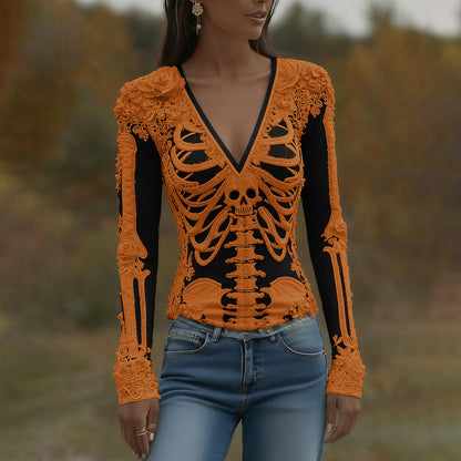 T-shirt décontracté à manches longues pour femmes avec art de squelette, roses et crâne, col en V pour Halloween