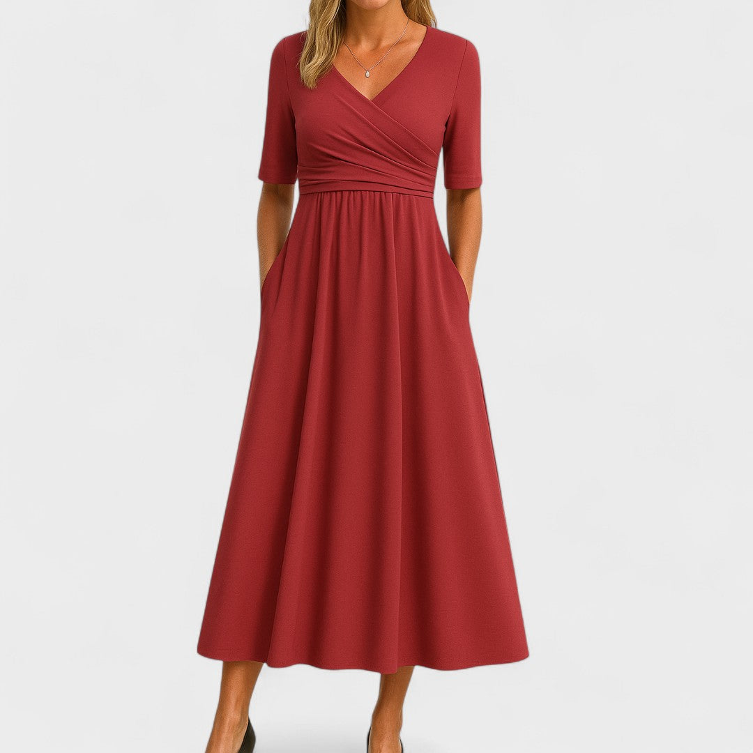 Riley – Robe Midi Élégante avec Col en Surplis
