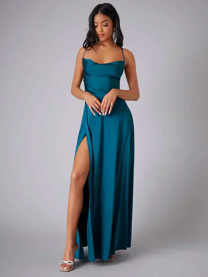 Robe Maxi de Soirée à Bretelles Spaghetti pour Femmes avec Fente Haute