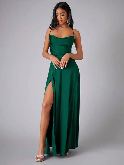 Robe Maxi de Soirée à Bretelles Spaghetti pour Femmes avec Fente Haute