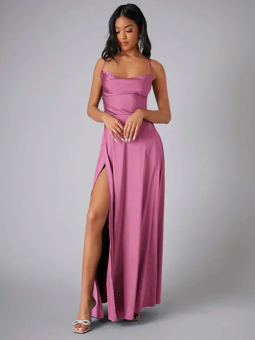 Robe Maxi de Soirée à Bretelles Spaghetti pour Femmes avec Fente Haute