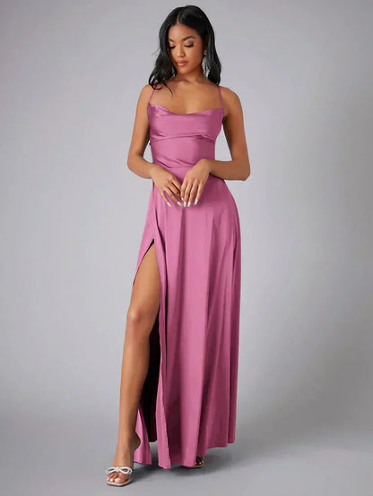 Robe Maxi de Soirée à Bretelles Spaghetti pour Femmes avec Fente Haute