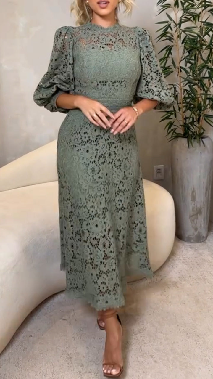 Robe Midi en Dentelle avec Manches Lanternes