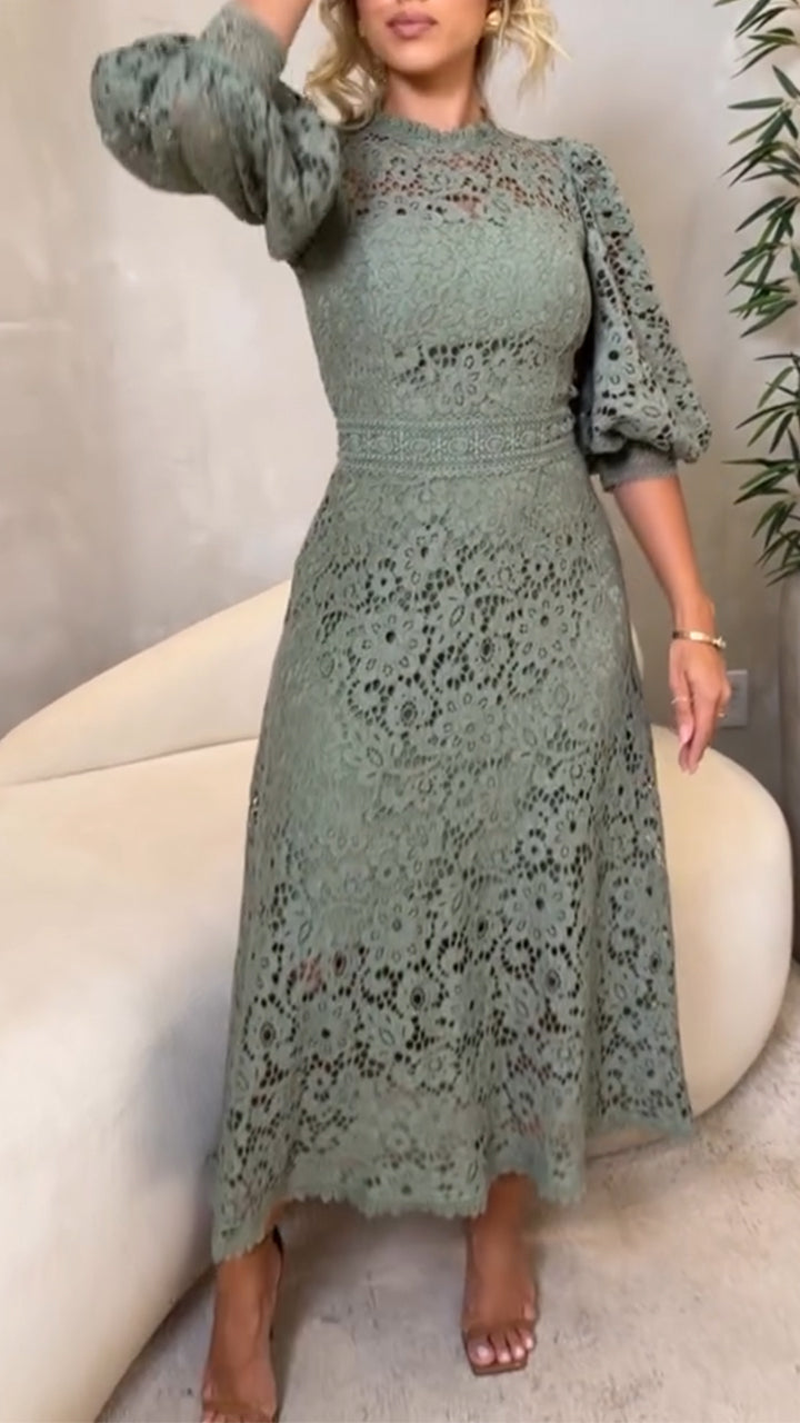 Robe Midi en Dentelle avec Manches Lanternes