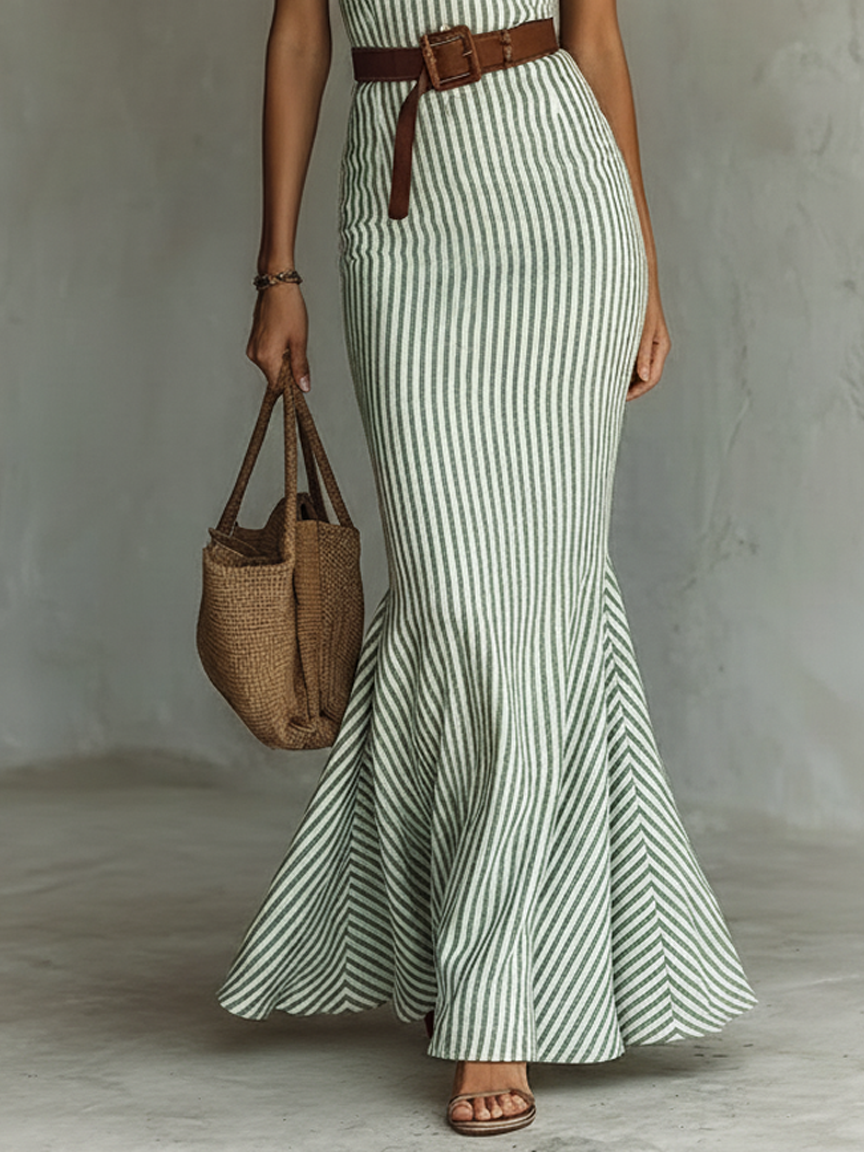 Robe Maxi Fishtail Bodycon Sans Manches en Lin Mélangé avec Rayures Minimalistes (Ceinture Non Incluse)