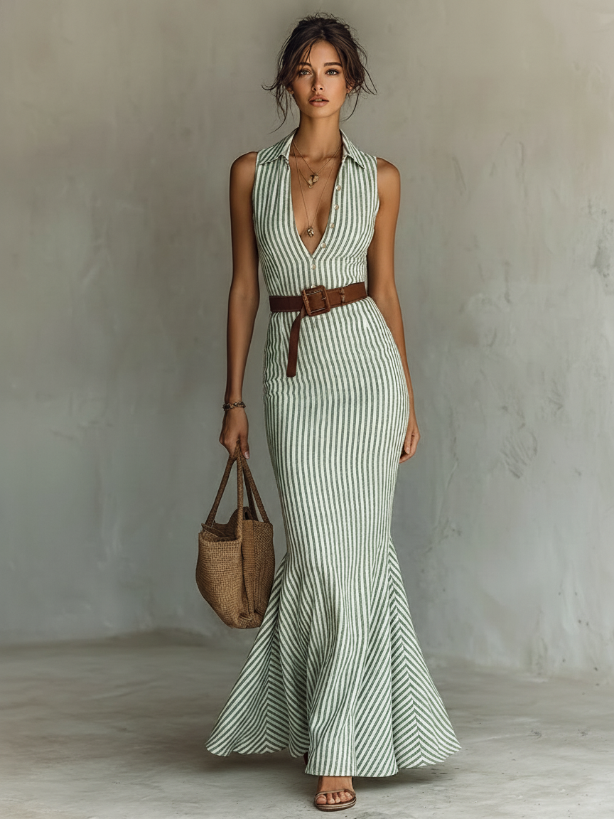 Robe Maxi Fishtail Bodycon Sans Manches en Lin Mélangé avec Rayures Minimalistes (Ceinture Non Incluse)
