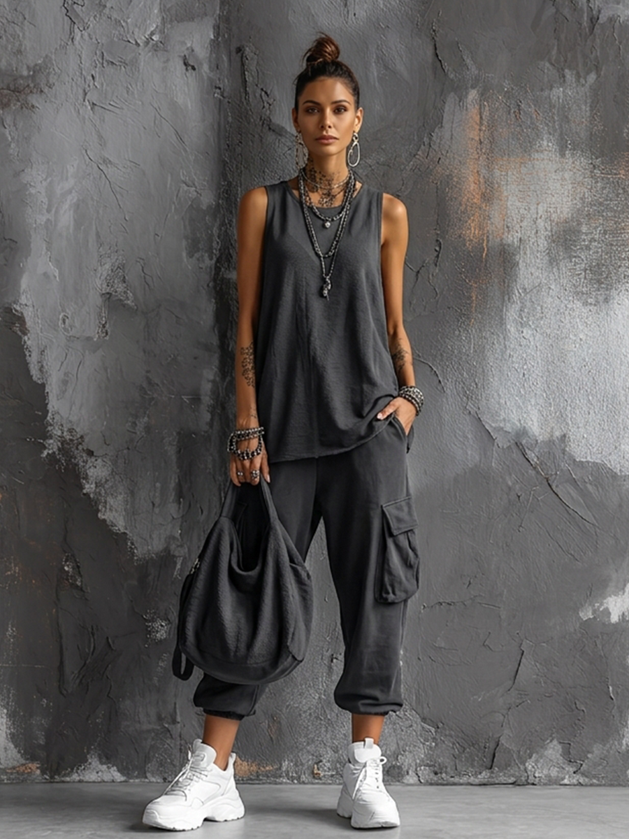 Ensemble Haut Sans Manches en Coton Gris Foncé + Pantalons Cargo Jogger Style Casual Femme