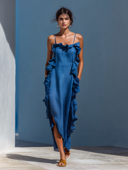 Robe Maxi Femme en Lin Bleu avec Fines Bretelles et Volants