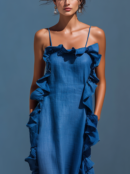 Robe Maxi Femme en Lin Bleu avec Fines Bretelles et Volants