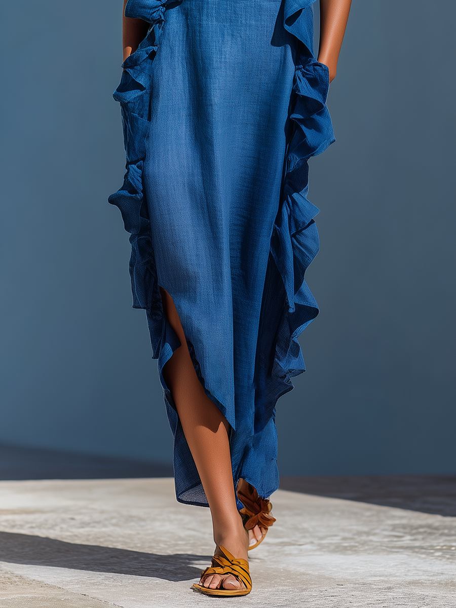 Robe Maxi Femme en Lin Bleu avec Fines Bretelles et Volants