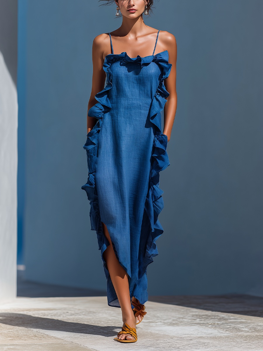 Robe Maxi Femme en Lin Bleu avec Fines Bretelles et Volants
