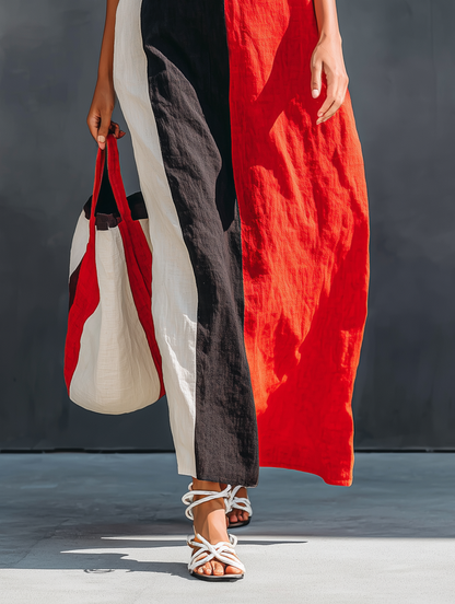 Robe Maxi Minimaliste Femme en Lin Mistoe avec Col Carré et Bretelles