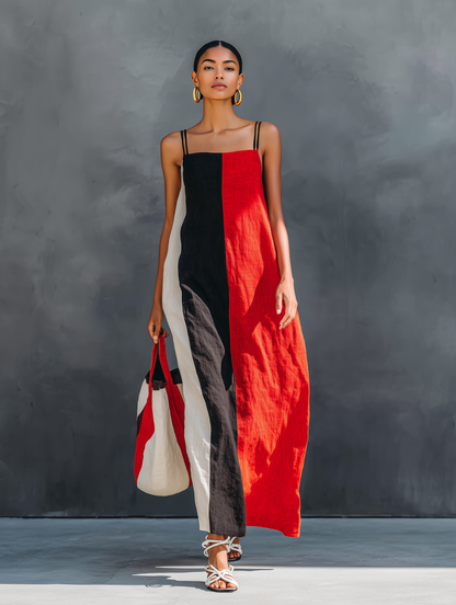 Robe Maxi Minimaliste Femme en Lin Mistoe avec Col Carré et Bretelles