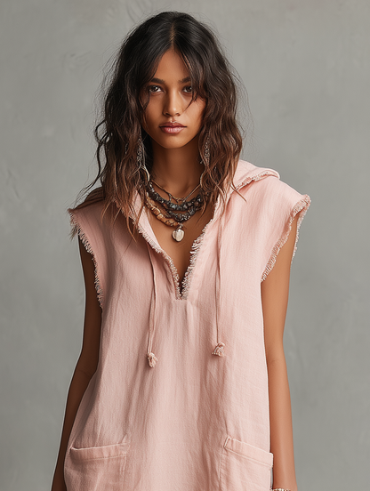 Robe Mini Minimaliste en Mélange de Lin pour Femme — Avec Capuche, Sans Manches, Ourlet Brut