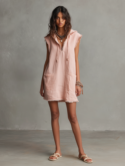 Robe Mini Minimaliste en Mélange de Lin pour Femme — Avec Capuche, Sans Manches, Ourlet Brut