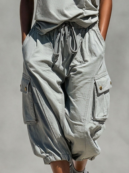 Ensemble Deux Pièces Femme Débardeur Gris Sans Manches et Pantalons Courts Cargo