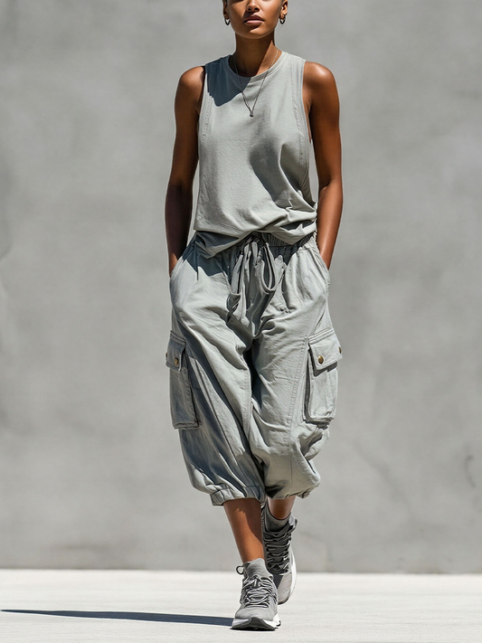 Ensemble Deux Pièces Femme Débardeur Gris Sans Manches et Pantalons Courts Cargo