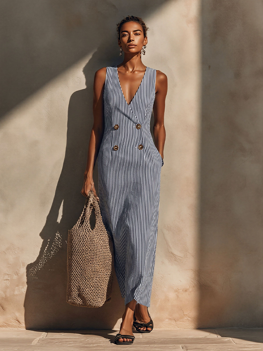 Robe Maxi en Coton Bleu-Blanc à Rayures pour Femme avec Style Blazer et Double Boutonnage, Robe Nautique Décontractée Indémodable