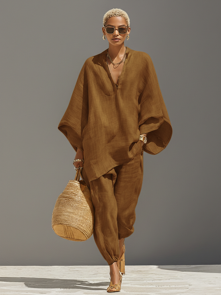 Ensemble Neutre en Lin pour Femme avec Ourlet Asymétrique et Design Minimaliste, Style Quotidien-Casual Sophistiqué