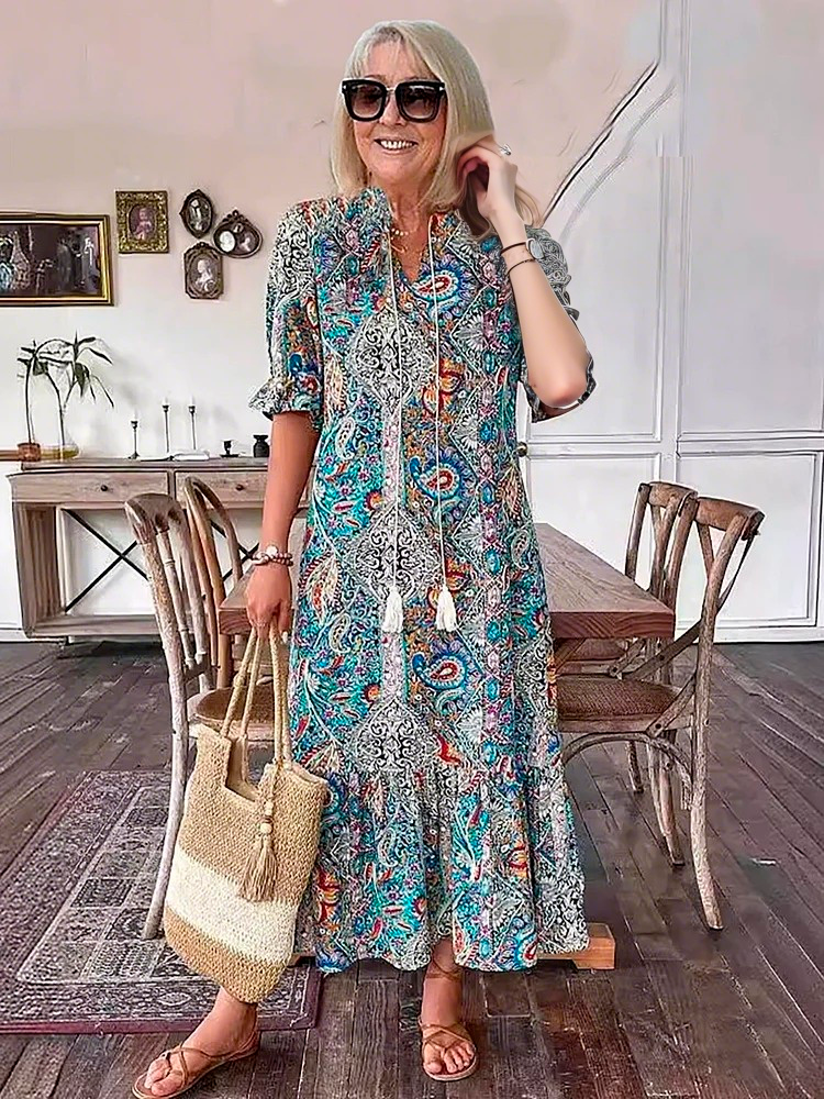 Mevelyn - Robe Bohémienne en Paisley avec Franges
