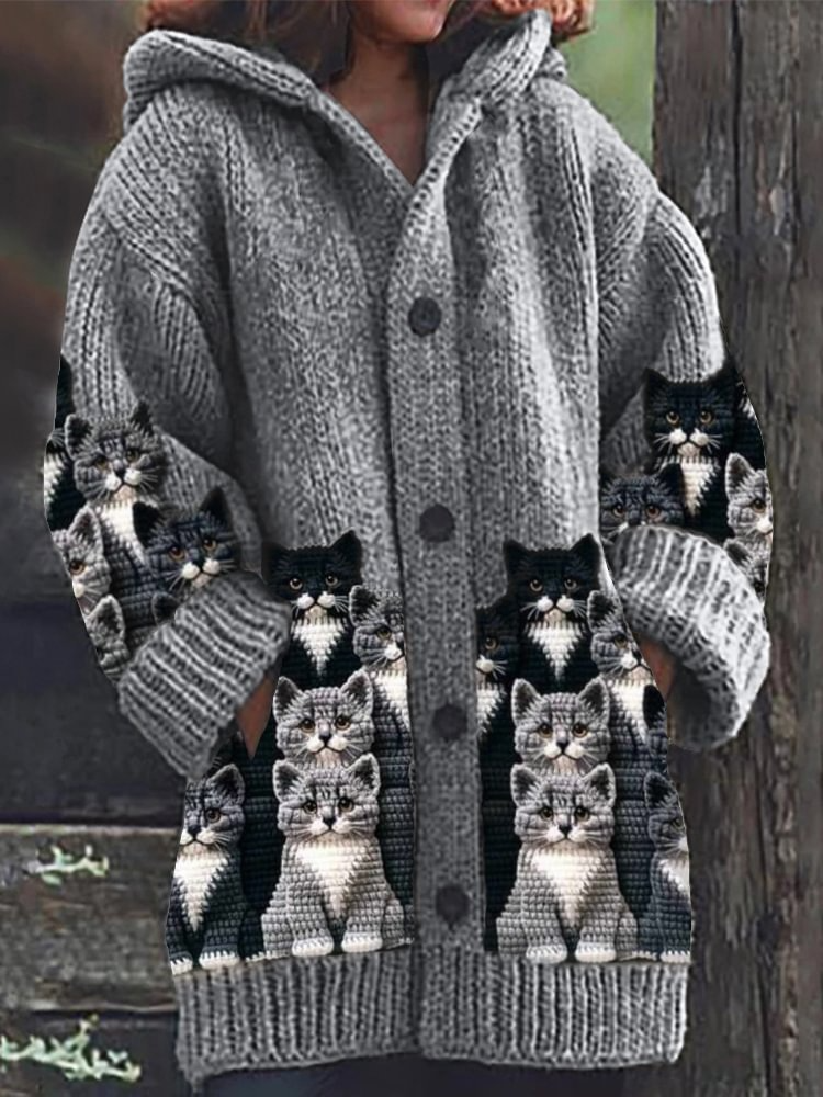 Jasmin - Gilet en Tricot Douillet avec Imprimé de Chats