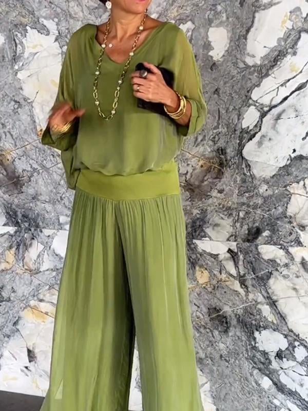 ESMERALDA – ENSEMBLE DE PANTALONS ÉLÉGANTS EN CHIFFON À JAMBES LARGES EN DEUX PIÈCES