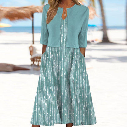 Robe Midi Unique avec Imprimé de Plantes Bleues et Veste