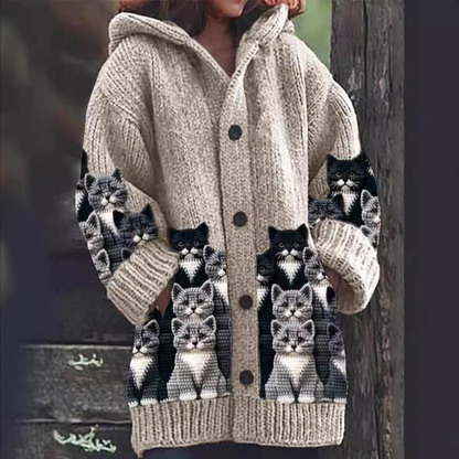 Jasmin - Gilet en Tricot Chaleureux avec Imprimé de Chat