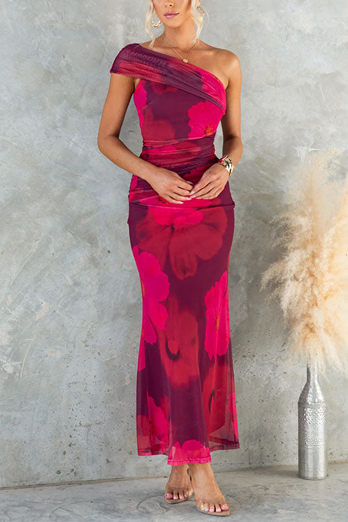 Robe Maxi Bodycon en Maille avec Imprimé Floral à Une Épaule