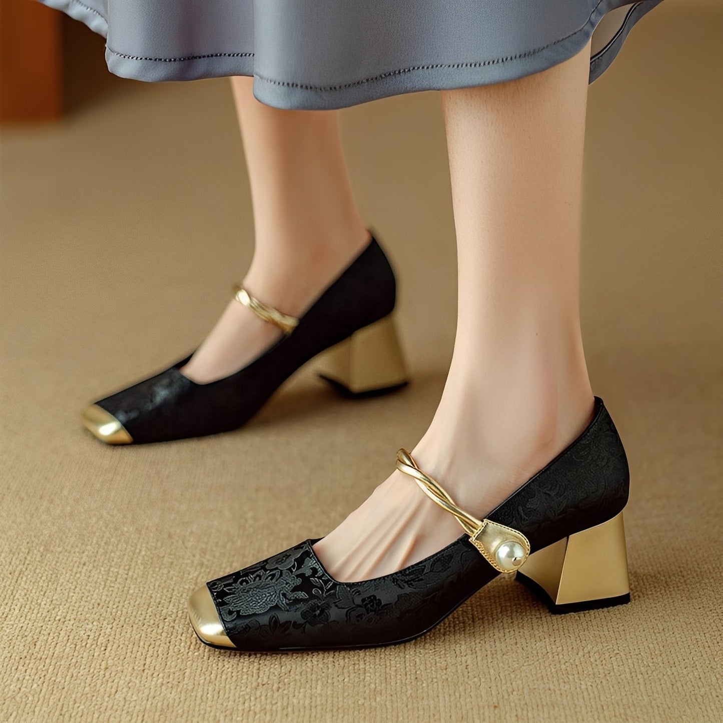 Rhonda - Élégantes chaussures à talon bloc luxueuses avec relief pour femmes