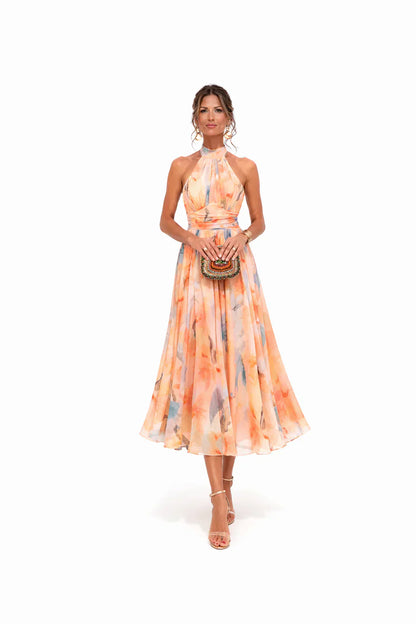 Esther | Robe avec Col Halter et Imprimé Aquarelle