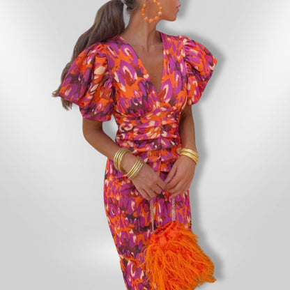 Robe Midi Élégante avec Manches Volumineuses